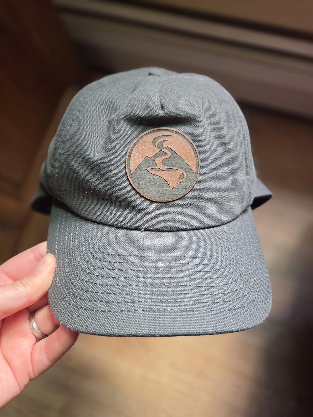 Men's Dark Gray Cap with Leather Patch, Lined For Winter.